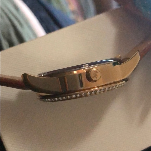 MK diamond studded watch w/ honey brown strap. - Picture 4 of 4